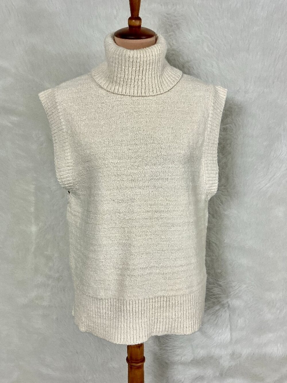 COS Cream Ribbed Textured Cotton Wool Blend Sleeveless Turtleneck Sweater S